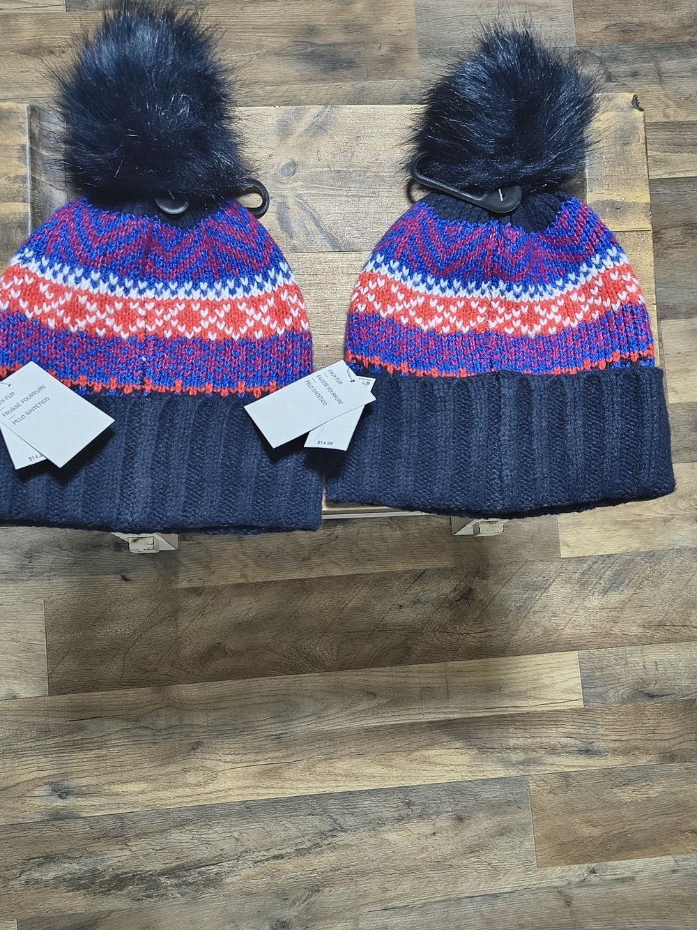Old Navy Black Cuff Beanie with Red & Blue Fair Isle Pattern and Black Pom